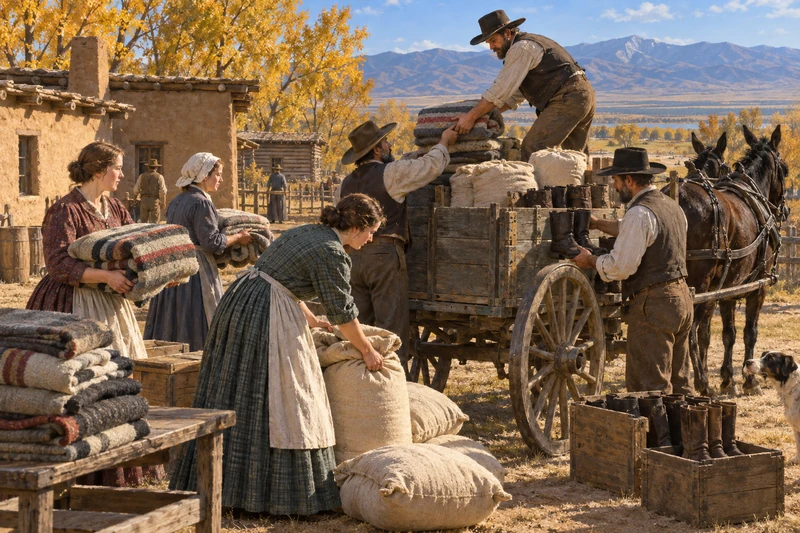 Women and men load flour, blankets and boots into a relief wagon in Salt Lake City.