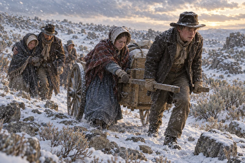 Weary emigrants pull a handcart up a low rocky ridge through blowing snow.