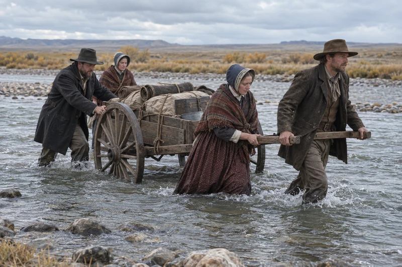 Martin company adults guide a handcart through cold river water.