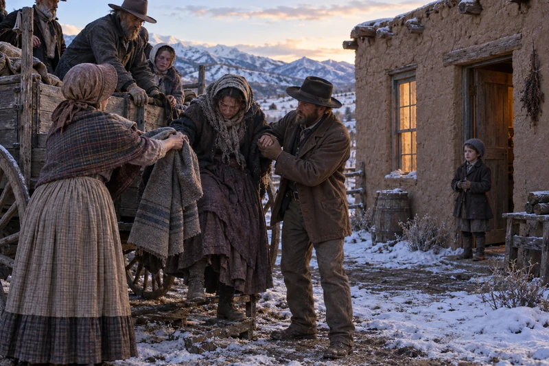 Residents help weary emigrants down from a wagon and offer a blanket beside a home.