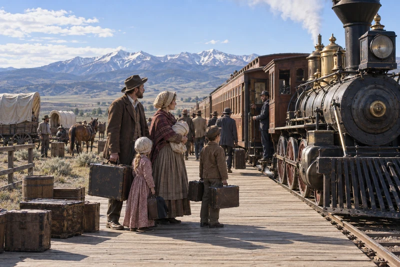 An immigrant family with trunks stands beside a nineteenth-century train in Utah.