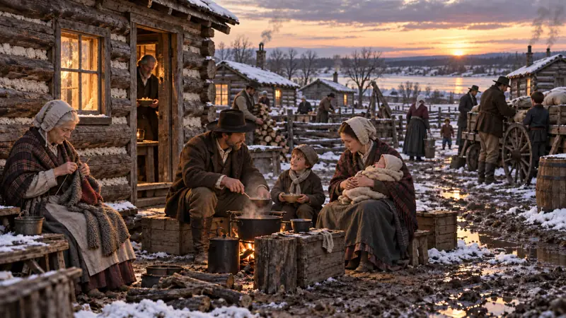 Pioneer families building shelter at Winter Quarters