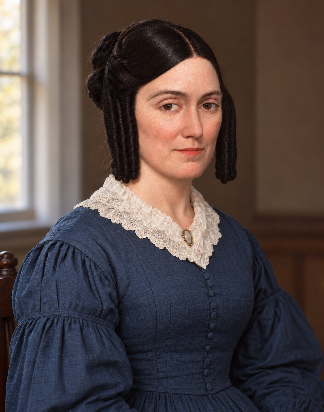Emma Hale Smith with dark ringlets and a blue dress
