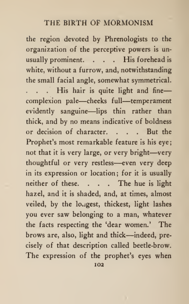 The transmitted lip description — The Birth of Mormonism, 1916, appendix C, printed p. 102. This later book attributes the description to an April 1844 letter printed in the Saint Louis Weekly Gazette; the original newspaper issue remains unverified.