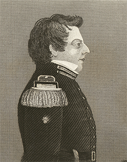 Upper-bust detail of Oliver Pelton’s engraved right-facing profile of Joseph Smith in uniform, after Maudsley