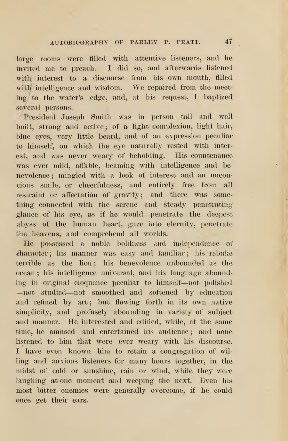 Parley P. Pratt, Autobiography, 1874, printed p. 47. Retrospective memoir; this is the published book page, not a contemporary diary.