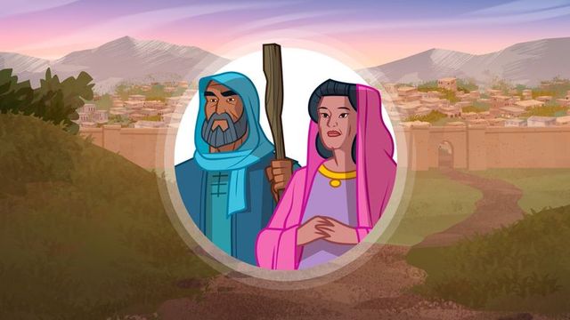 Official illustrated story preview of Lehi and Sariah with Jerusalem behind them