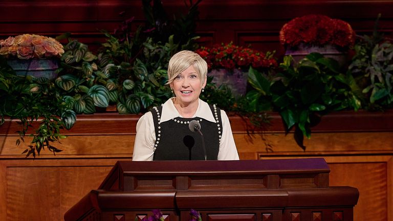 Emily Belle Freeman speaking at the October 2023 general conference; official video preview