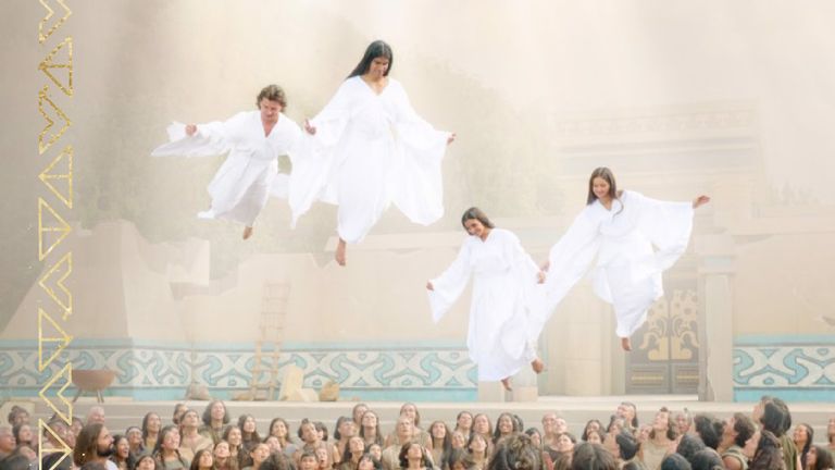 Angels descending toward a gathered crowd in an official Book of Mormon video scene