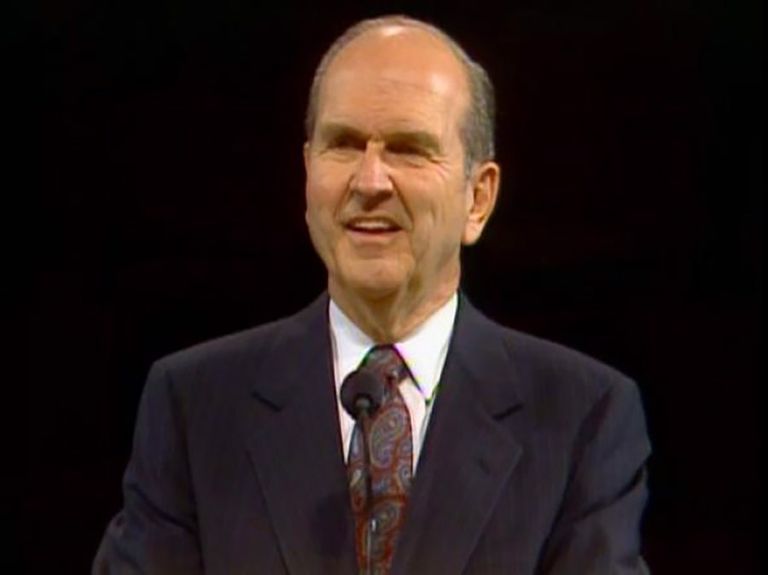 Elder Russell M. Nelson speaking in April 1992
