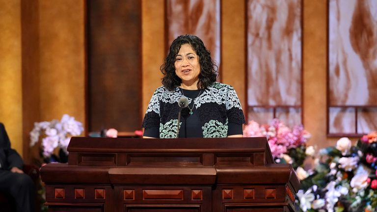 Sister Reyna I. Aburto speaking in April 2021