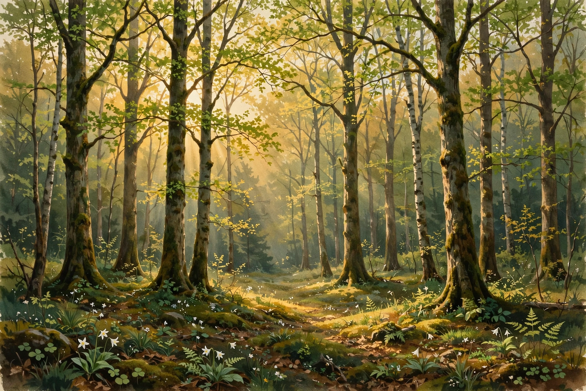 Painterly illustration of a sunlit grove of tall trees in spring, golden light falling through fresh green leaves