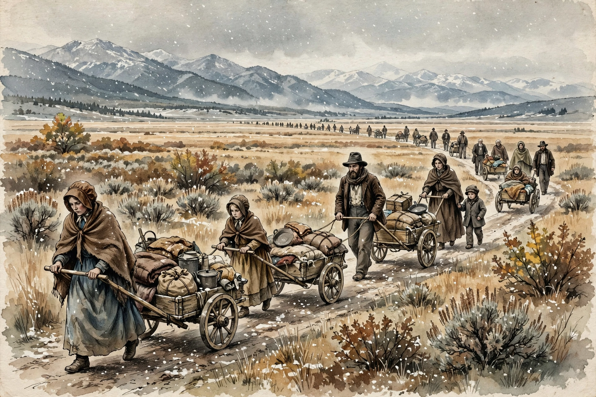 Illustration of 1856 handcart pioneers pulling wooden handcarts across the Wyoming plains as snow begins to fall, with mountains in the distance